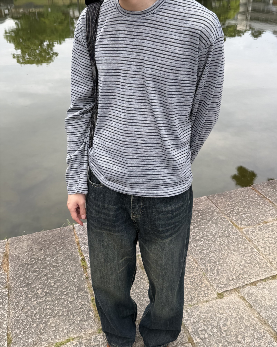 ボーダーラウンドネックカジュアルTシャツ YQ0008