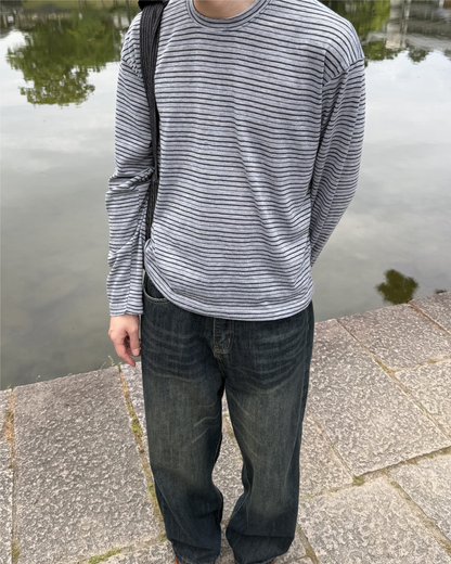 ボーダーラウンドネックカジュアルTシャツ YQ0008