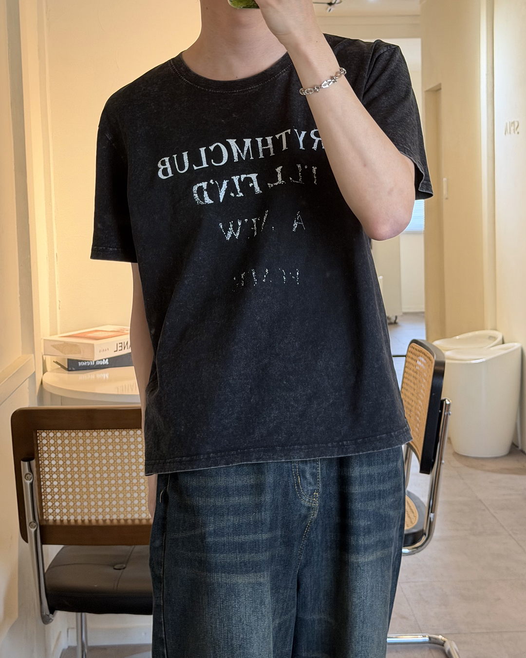 サマーウォッシュブラックTシャツ YQ0032