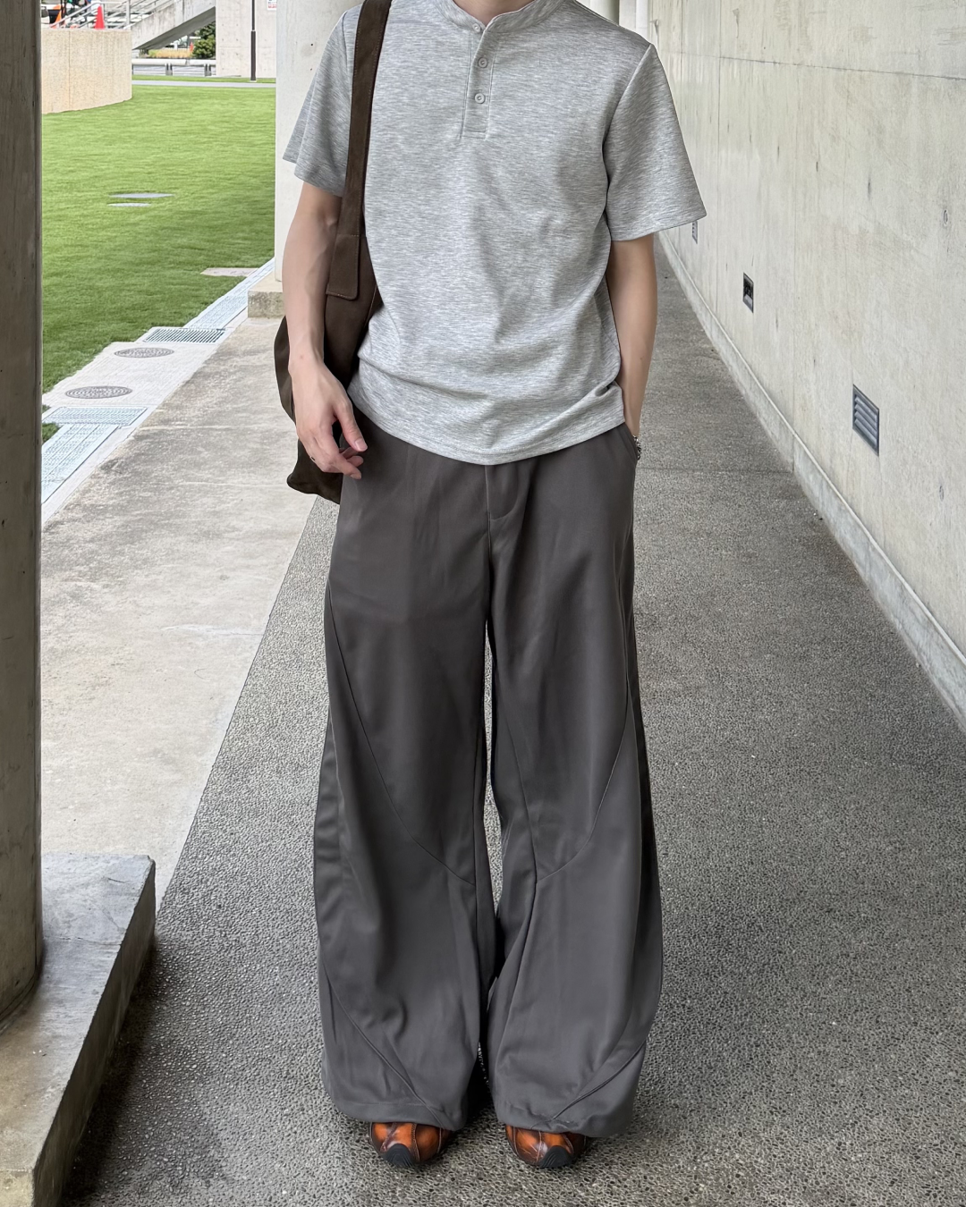カーブデザインワイドレッグステッチパンツ YQ0044
