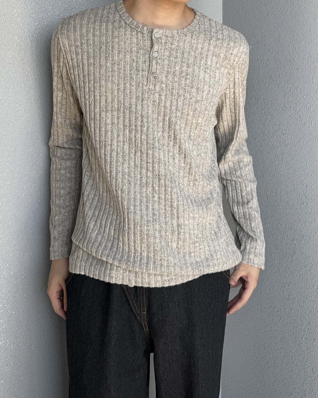 ニュアンスカラーリブヘンリーネックロンT YQ0118