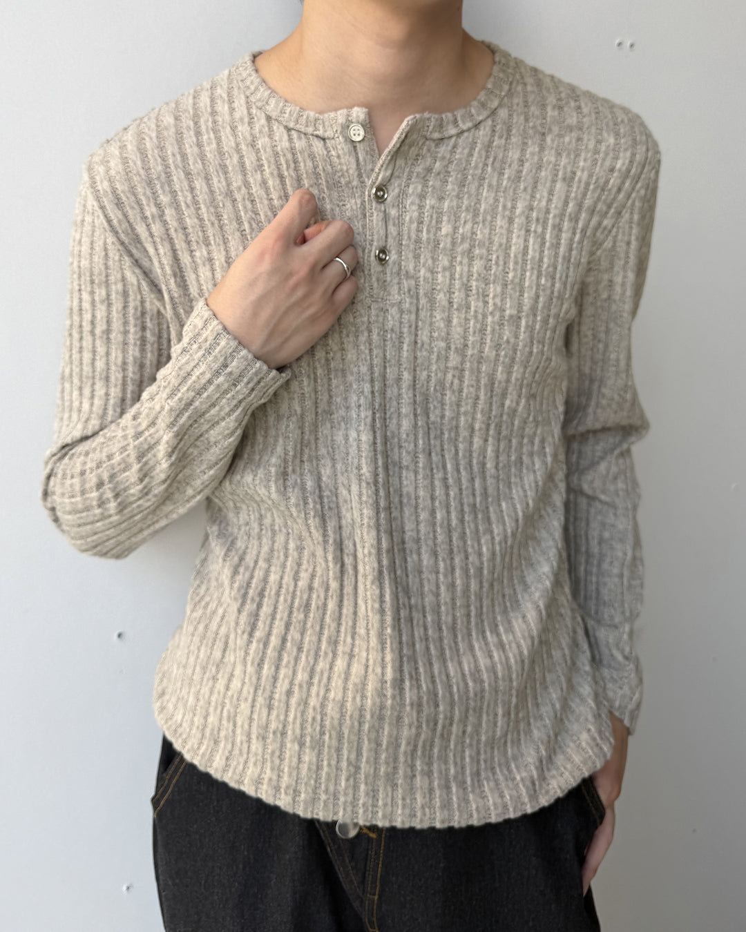 ニュアンスカラーリブヘンリーネックロンT YQ0118