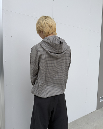 ドローコード付きハーフボタンフードチェックパーカー YQ0124