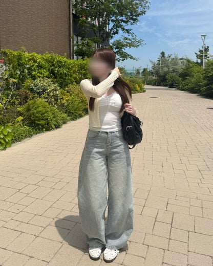 バック刺繍デザイン入りウォッシュ加工バルーンシルエットデニムパンツ NO0251